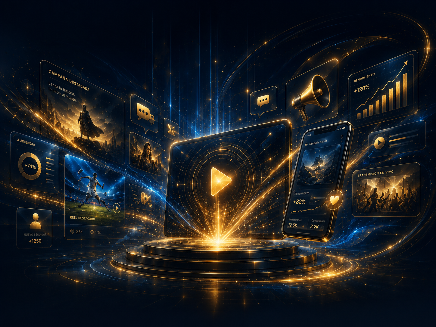 Escena cinematográfica de publicidad digital, redes sociales, campañas y contenido multimedia de Publicidad Gold
